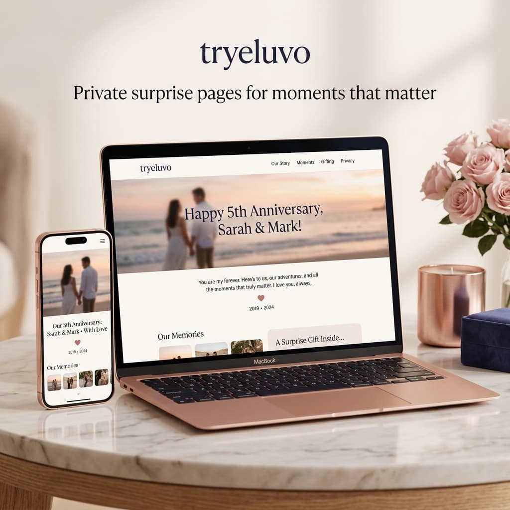 tryeluvo romantic surprise website on laptop and mobile